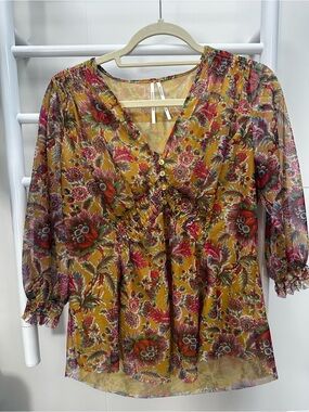 Anthropologie Mustard Floral V-Neck Peasant Blouse
